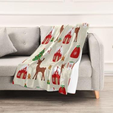 Imagem de Wassud Cobertores e mantas de Natal 152 x 228 cm de desenho animado de cervo para sofá, cobertores quentes aconchegantes de lã de pelúcia para cama, sofá, cadeira, decoração de casa
