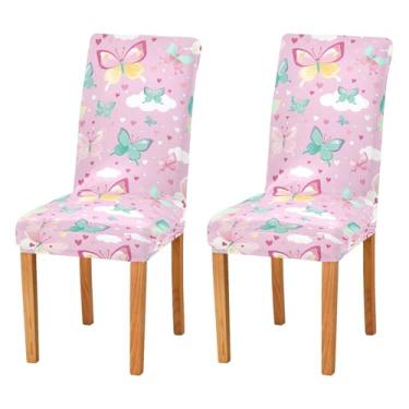 Imagem de Wassud Lindas capas de cadeira de borboletas pastéis para sala de jantar, capa elástica para cadeira de cozinha, conjunto de 2 protetores de assento laváveis