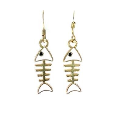 Imagem de Brincos de espinha de peixe – Pingente de ouro esmaltado branco – Ganchos hipoalergênicos de aço inoxidável dourado – Feito à mão em Raleigh NC – 3,15 cm de comprimento, pronto para presente