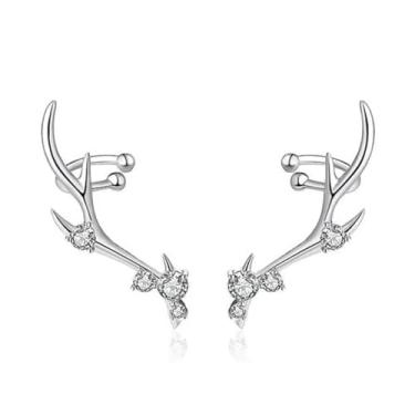 Imagem de Brincos femininos com chifres de alce prateados, design de animal de veado, joias chiques de festa de Natal