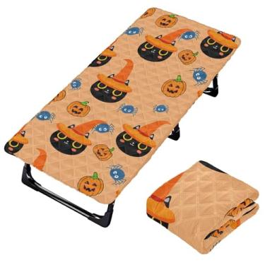 Imagem de Burbuja Lençol de berço de gatos pretos usando chapéus de bruxa laranja para crianças, lençol acolchoado portátil com elástico para meninas e meninos, lavável na máquina, 63,5 x 127 cm