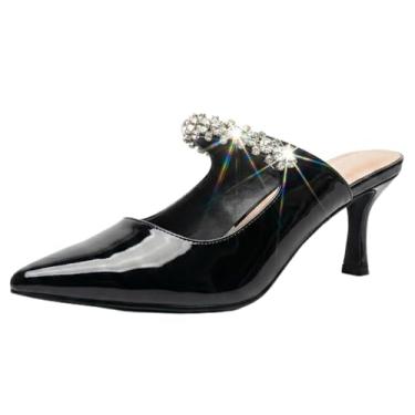 Imagem de TruFox Salto alto feminino com strass salto gatinho bico fechado vestido de casamento sem cadarço frente única bico fino, Patente preta, 40