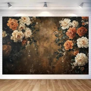 Imagem de Pano de fundo para fotografia floral vintage de 25 x 2,5 m, pintura a óleo retrô, cenário fotográfico, floral, retrato, foto, chá de bebê, decoração de festa de aniversário, marrom - 3