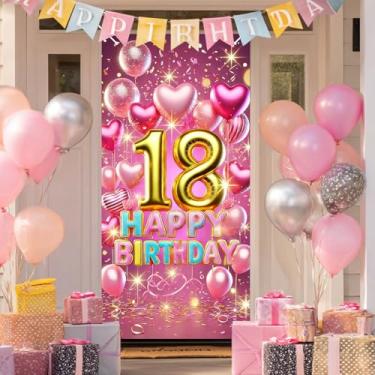 Imagem de BlissYard Capa de porta de aniversário de 18 anos 188 x 89 cm fundo rosa e dourado para decorações de festa, balões de coração, bolo, pano de fundo para mulheres, suporte de cabine de fotos, decoração