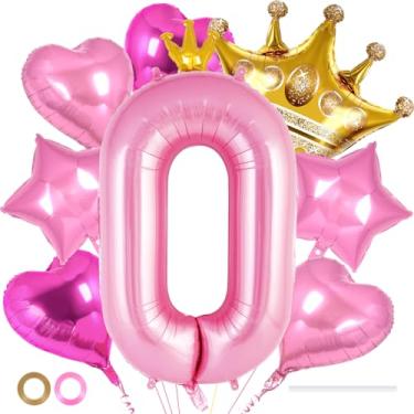 Imagem de Balões de aniversário de princesa, conjunto de balões rosa de 101 cm, coroa número 0, balões de alumínio para meninas, suprimentos de decoração de festa de 1º aniversário (número 0)