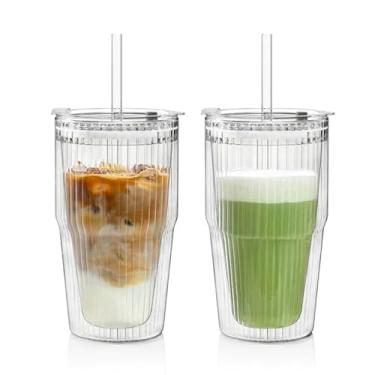Imagem de Pacote com 2 copos de vidro de parede dupla nervurados de 473 ml com tampas e canudos – Copos de vidro texturizado isolados para café gelado, vitaminas, chá, bebida fria e água – Conjunto de copos