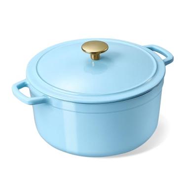 Imagem de CAROTE Panela de forno holandês de ferro fundido esmaltado de 5 litros com tampa, fornos holandeses resistentes para assar pão de fermento, refogar, assar, alças duplas, saudável e não tóxico