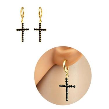 Imagem de Brinco Argolinha Cruz Preto Folheado Ouro 18k Antialérgico - MIXFOLHEA