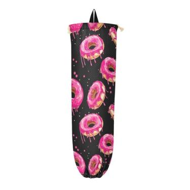 Imagem de Donut com cobertura rosa em suportes de saco plástico preto, bolsa organizadora de parede, dispensador de saco plástico
