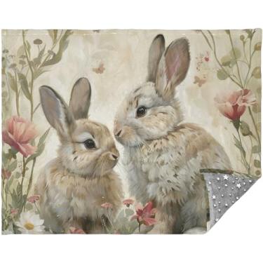 Imagem de TSENQUE Spring Bunnies Arte Coelho Personalizado Boho Cobertor de Sofá Fofo para Homens Mulheres Cobertores de Sofá Cinza 177,8 cm x 139,7 cm