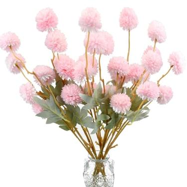 Imagem de Mandy's 6 hastes de seda rosa Kiku Ball Flowers – hastes artificiais de crisântemo para decoração de casa, casamento e mesa central, arranjo floral falso realista, estilo minimalista e elegante
