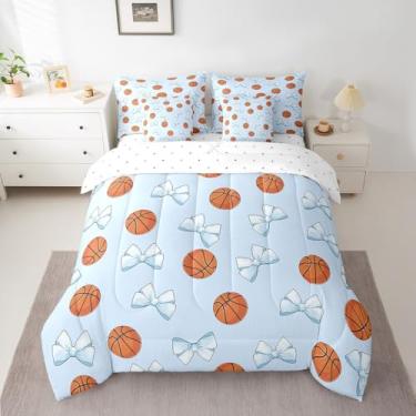 Imagem de jejeloiu Jogo de cama de basquete com laço azul com lençol de 7 peças, para crianças, meninos, meninas, adolescentes, jogos, esportes, decoração de quarto fofo, tamanho solteiro, presente para amantes