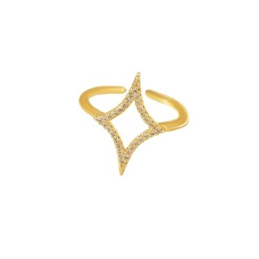 Imagem de Dtja Anel de declaração de estrela de strass para mulheres, moderno, zircônia cúbica, geométrico, losango, ajustável, compromisso, noivado, envoltório aberto, ajuste confortável, joia delicada para