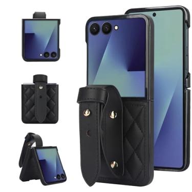 Imagem de Capa de pulso para Motorola Razr 50, capa protetora dobrável de couro PU com alça ajustável para celular feminina feminina (preto)