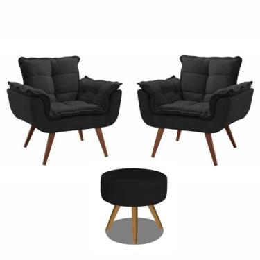 Imagem de Kit 02 Poltrona Opala + 01 Puff Redondo Suede Preto - CASA DA POLTRONA
