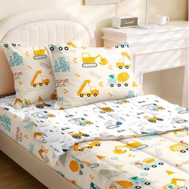 Imagem de Yadangxiawa Jogo de edredom infantil, solteiro com zíper, estampa de construção, trator e fronhas para todas as estações (caminhão)