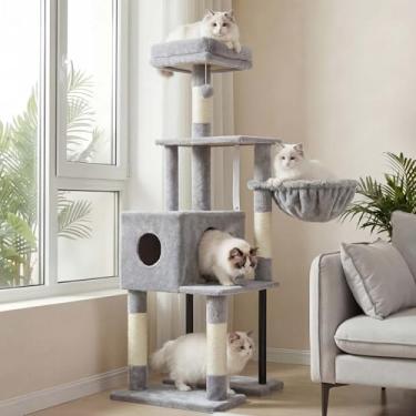 Imagem de Heybly Árvore para gatos, 120 cm, torre para gatos internos, condomínio espaçoso para gatos com espaço oculto, tubo de aço resistente, poleiro superior de pelúcia macia, rede aconchegante e postes
