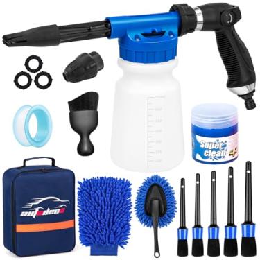 Imagem de AUTODECO Kit de limpeza de lavagem de carro com pulverizador de pistola de espuma, escova de lavagem de carro e espanador de luva de lavagem grande para limpeza interna e externa de carro (azul)