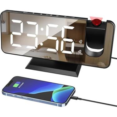 Imagem de Despertador Digital Despertador De Projeção Relógio De Cabeceira Digital Com Projetor De 180 ° 7,4 '' Tela De Espelho Grande Porta De Carregamento Usb 4 Níveis D, Black White, One Size