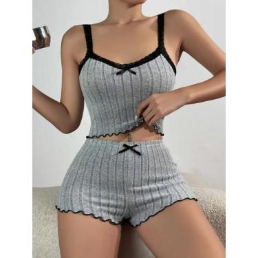 Imagem de Conjunto De Pijamas De Verão Feminino Com Renda, Top Cropped E Shorts,