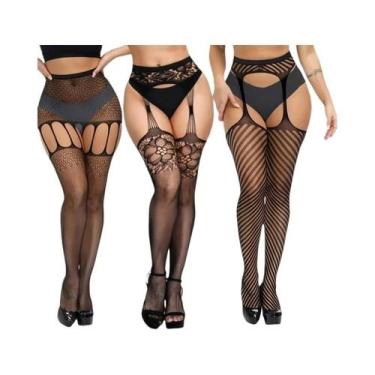 Imagem de Meia-calça Feminina Sexy De Rede Até a Coxa, 3 Peças, Com Padrão Vazad