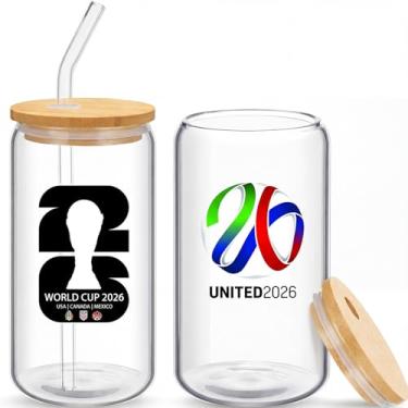 Imagem de Copos de vidro de mercadoria da Copa do Mundo de 2026 com tampas e canudos Copa do Mundo Troféu Evento Esportivo Copos de Café Gelado Festas Bares Presente para Fãs de Futebol para Casa, Cozinha