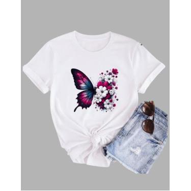 Imagem de Camiseta Tshirt Feminina Borboleta E Flores Color Em Algodão - MB Spor