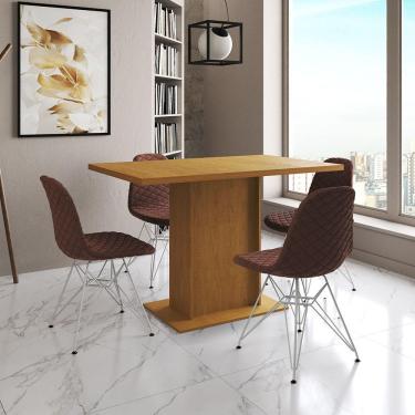 Imagem de Mesa Jantar Londres Tampo Canela 120Cm 4 Cadeiras Ferro Branco Estofado Caramelo