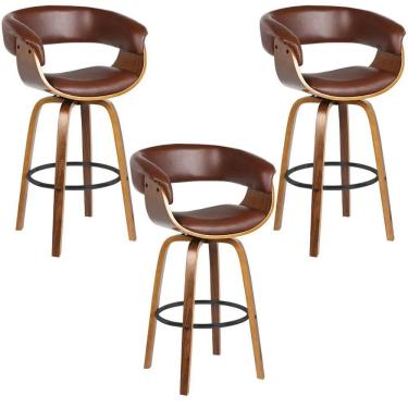 Imagem de Kit 3 Banquetas Giratória Alta Com Encosto Base Madeira Ravi R02 Sintético Marrom - Mpozenato