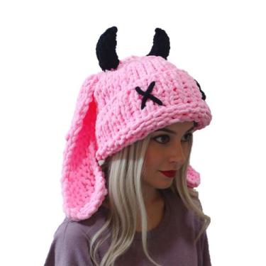 Imagem de Chapéu fofo rosa, chifres de diabo, orelhas de coelho, gorro de malha 