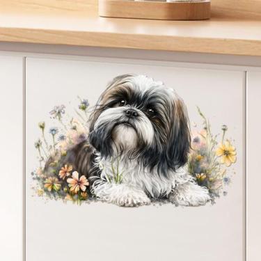 Imagem de Adesivo de parede Cute Shih Tzu Dog in Flowers em PVC removível - yiwe