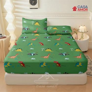Imagem de Lençol de Elástico Infantil Solteiro, Casal e Queen Estampado Dinossau