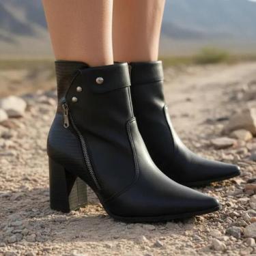 Imagem de Bota Ramarim Cano Curto Com Zíper Salto Médio Bloco, Preto, 38