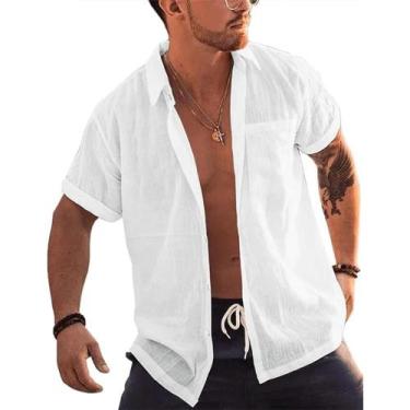 Imagem de Camisa Masculina De Linho E Algodão, Manga Curta, Com Botões, Gola Vir