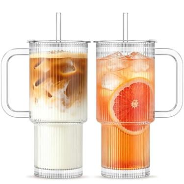 Imagem de INSETLAN Copo de vidro canelado de 680 g com alça e tampa – Pacote com 2 xícaras grandes de café gelado com canudos, caneca de vidro moderna para bebidas frias e quentes, copo de viagem estética para