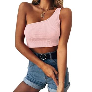 Imagem de WSLCN Top cropped feminino sexy de um ombro só, camisetas cropped básicas slim, rosa, Large