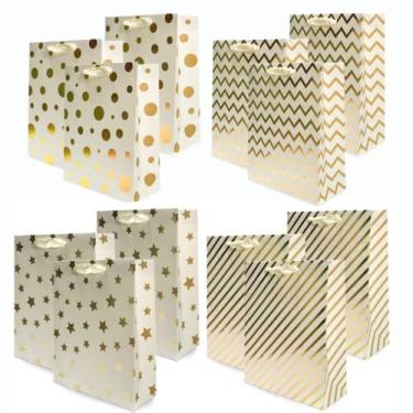 Imagem de (White Golden Stars) - UNIQOOO 12Pcs Premium Assorted Gold Metallic Gift Bags Bulk, Large 32cm x 10.5X4'' 100% Recyclable Paper Retail Shopping Bags, Ribbon Handle/Wedding,Baby Shower, Birthday Party, Bags