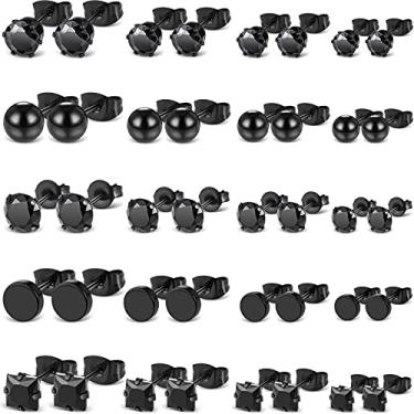 Imagem de 20 pares de brincos para homens e mulheres - quadrado, redondo, zircônia cúbica incrustada de aço inoxidável preto cartilagem falsa - Conjunto de joias punk piercing diamante, aço inoxidável e