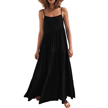 Imagem de Vestidos de verão femininos maxi vestidos de cor sólida solta plissado vestido irregular sem mangas suspensório praia maxi vestido longo, preto, EGG