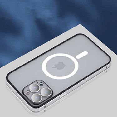 Imagem de Para protetor de vidro de lente fosco PC traseiro alumínio Metal Bumper Case para iPhone 14 13 12 Pro Max Magnético Carregamento sem fio, Sliver Magnet, Para i, Phone 13 Pro
