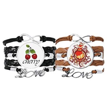 Imagem de DIYthinker Pulseira de ilustração de espada Samurai vermelha japonesa com corda de couro e pulseira de amor cereja conjunto duplo