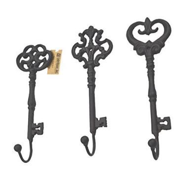 Imagem de Lulu Decor, Porta-chaves em forma de chave de ferro fundido, conjunto de 3 peças, cabide (preto vintage, 3 peças)