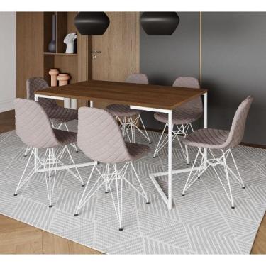 Imagem de Mesa Jantar Industrial Amêndoa Base V 137x90cm 6 Cadeiras Estofadas Ea