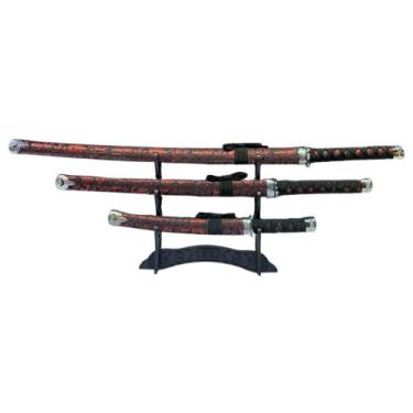 Imagem de Conjunto Espadas Samurai Vermelho C/ Preto C/3 Bainha Decorativa - Tri