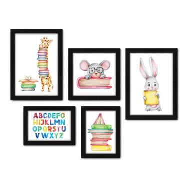 Imagem de Kit Com 5 Quadros Decorativos - Animais - Livros - Infantil - Educação