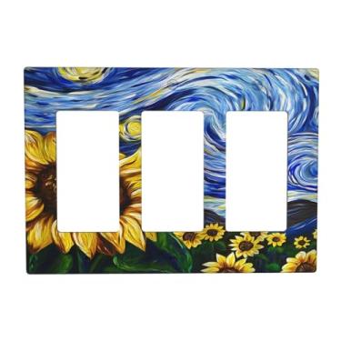 Imagem de Sghxwp Vintage Abstrato Azul Girassol Estrelado 3 Gang Rocker Interruptor de Luz Cobertura Tripla Tomada Placa Decorativa Placa Frontal Placa Frontal GFCI para Casa de Fazenda Country Quarto Decoração