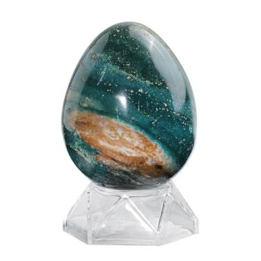 Imagem de Rockcloud Esfera de ovo de pedra do oceano natural com suporte de acrílico Estatueta de esfera de cristal Reiki polido para bênção de Páscoa e decoração de casa, 3 a 400 g