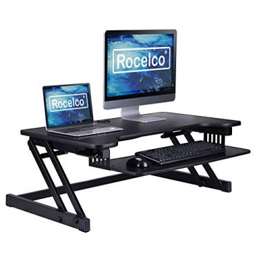 Imagem de Rocelco Conversor de mesa ajustável em altura de luxo de 95,24 cm – Suporte rápido de monitor duplo com suporte de mola de gás – Suporte de teclado grande retrátil – Preto (R DADRB)