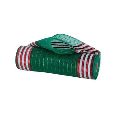Imagem de Deco Poly Mesh de trama fina com listras metálicas a laser, 25,4 cm x 10 jardas (30 pés), fita de tecido para grinaldas, laços, artesanato e decorações de festa (verde esmeralda, vermelho, branco)