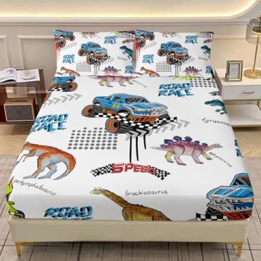 Imagem de AILONEN Jogo de cama solteiro com estampa de caminhão e dinossauro, tamanho GG, para meninos, azul com tema de caminhão monstro, macio, com 2 fronhas, 3 peças